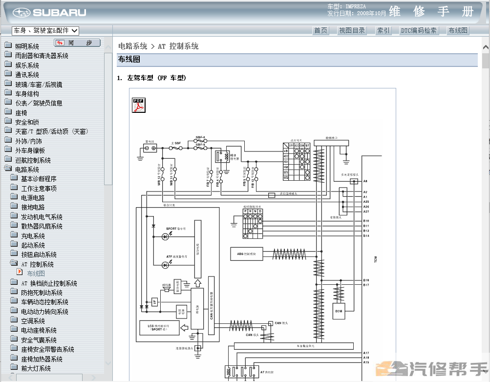 2009年款斯巴鲁十代翼豹原厂维修手册电路图线路图资料下载含发动机变速箱正时