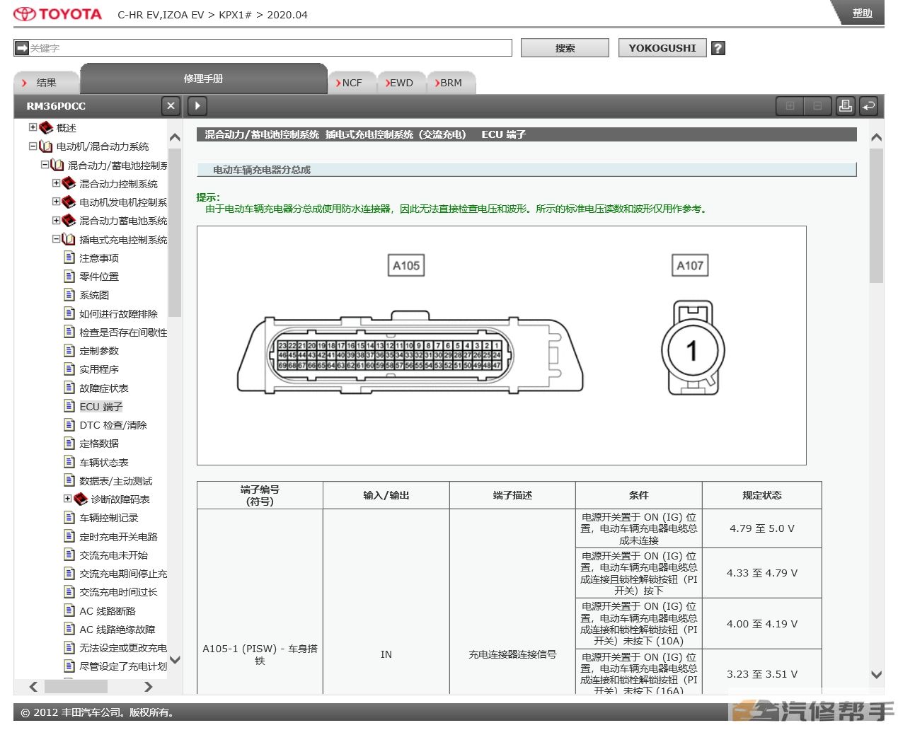 2020年丰田CHR奕泽（EV）原厂维修手册电路图接线线路资料下载